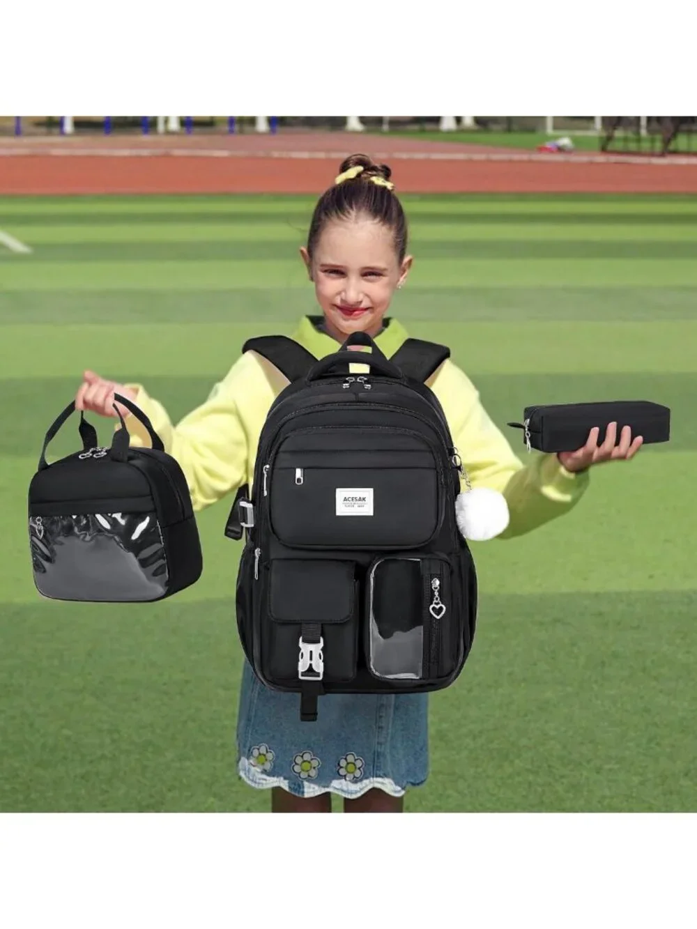 Stylish Black Girls' Backpack with Lunch Box & Pencil Case - Perfect for School!